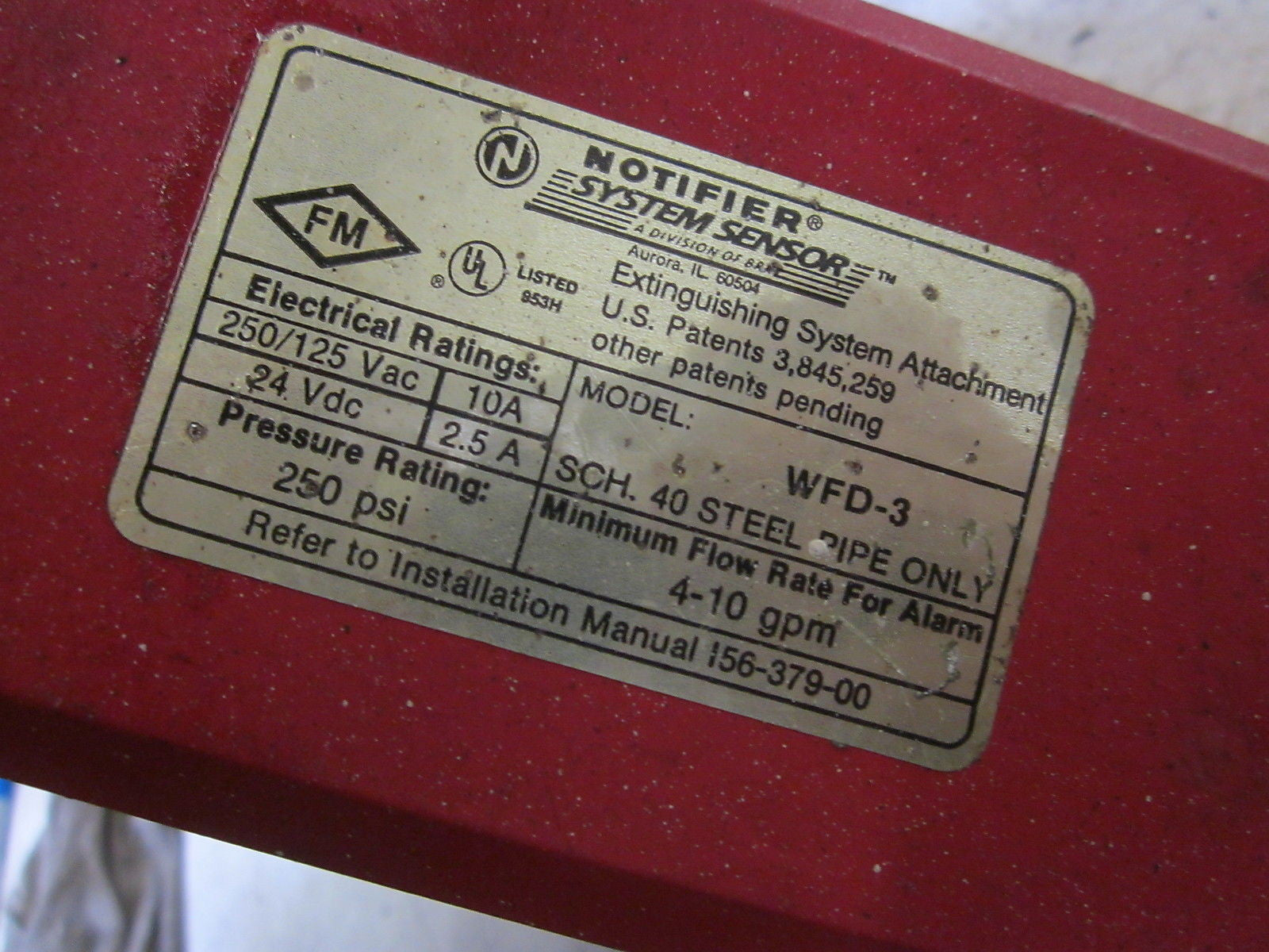 NOTIFIER SYSTEM SENSOR WFD-3 SENSOR 10A 125/250VAC*USED*