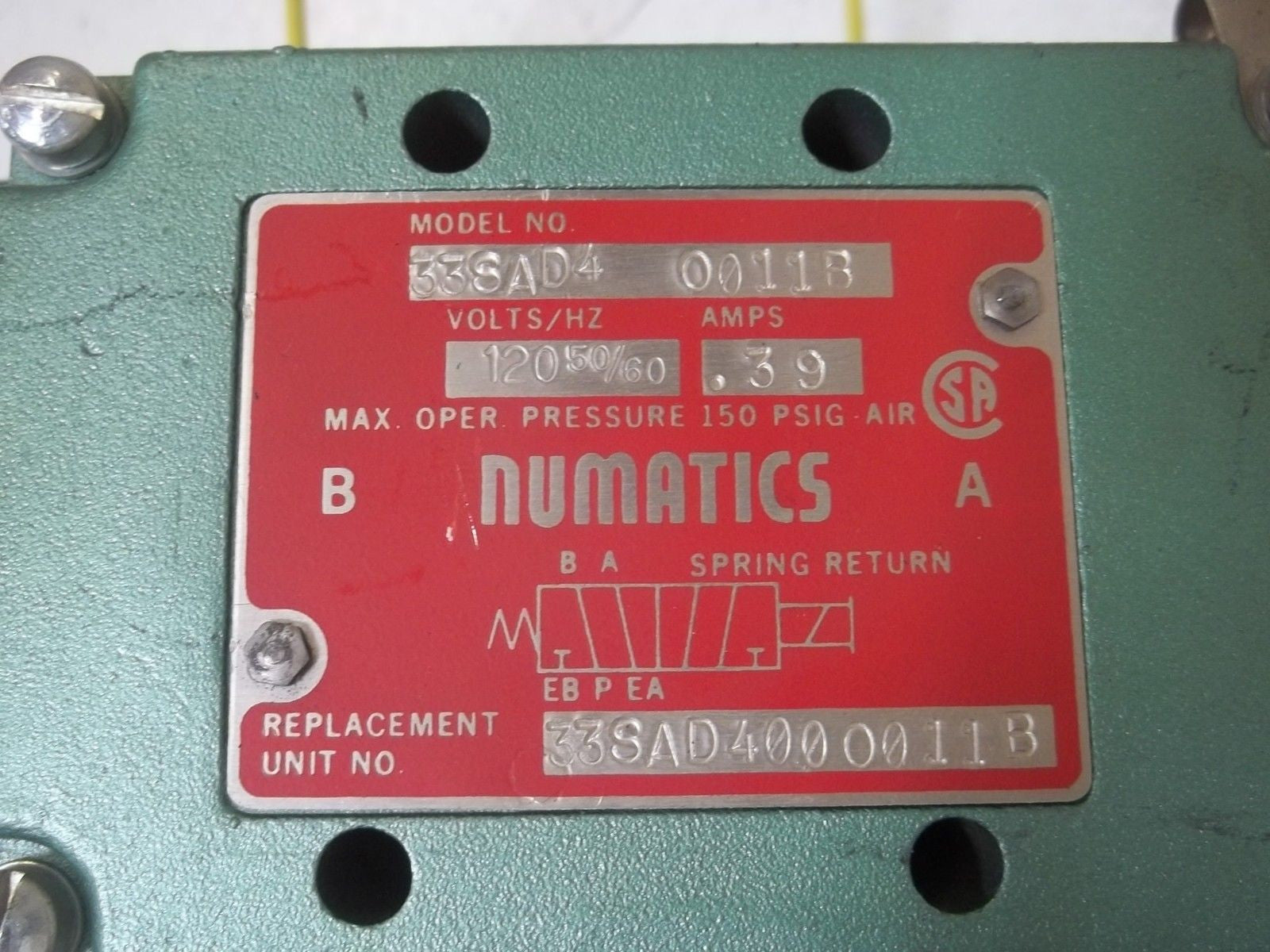 NUMATICS 33SAD4 O011B SOLENOID VALVE *USED*