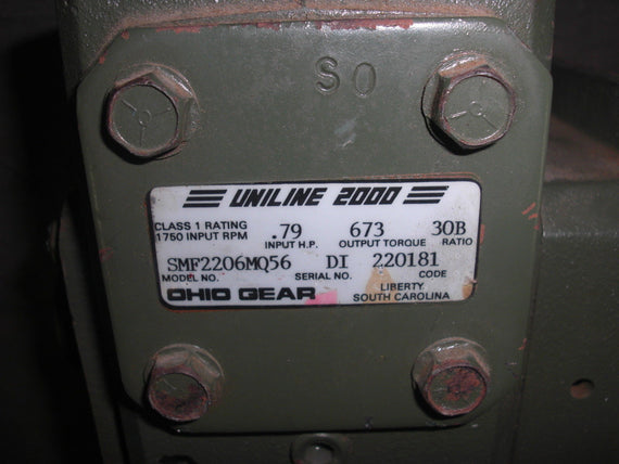 OHIO GEAR UNILINE 2000 SMF2206MQ56 GEAR REDUCER .79 HP 1750 RPM *NEW NO BOX*