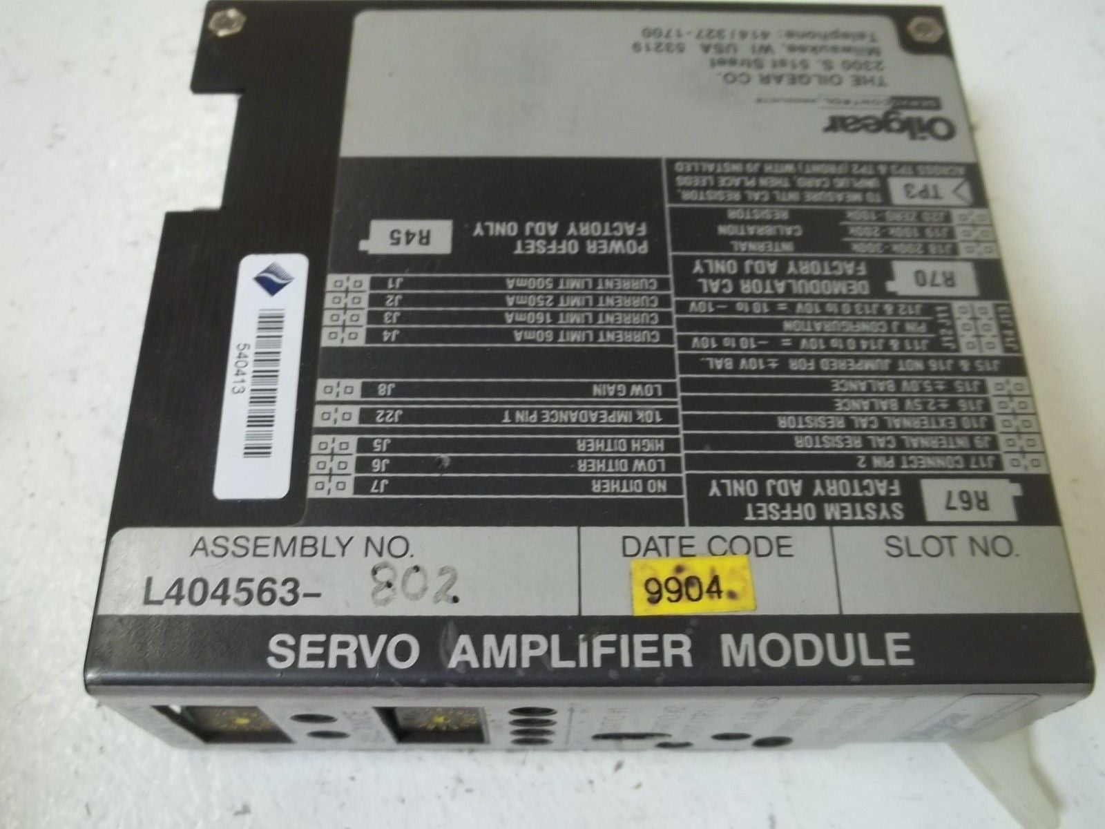 OILGEAR L404563-802 SERVO AMPLIFIER MODULE *USED*