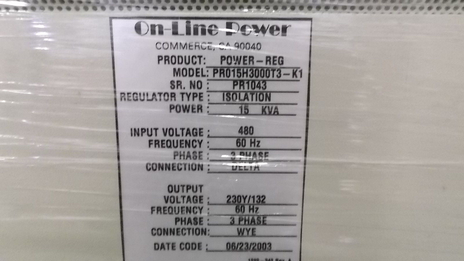 ON LINE POWER PR015H3000T3-K1 POWER SUPPLY *USED*