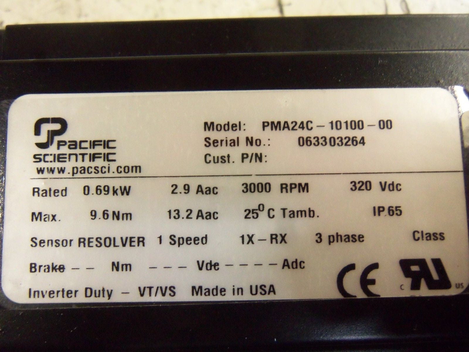PACIFIC SCIENTIFIC PMA24C-10100-00 SERVO MOTOR *USED*