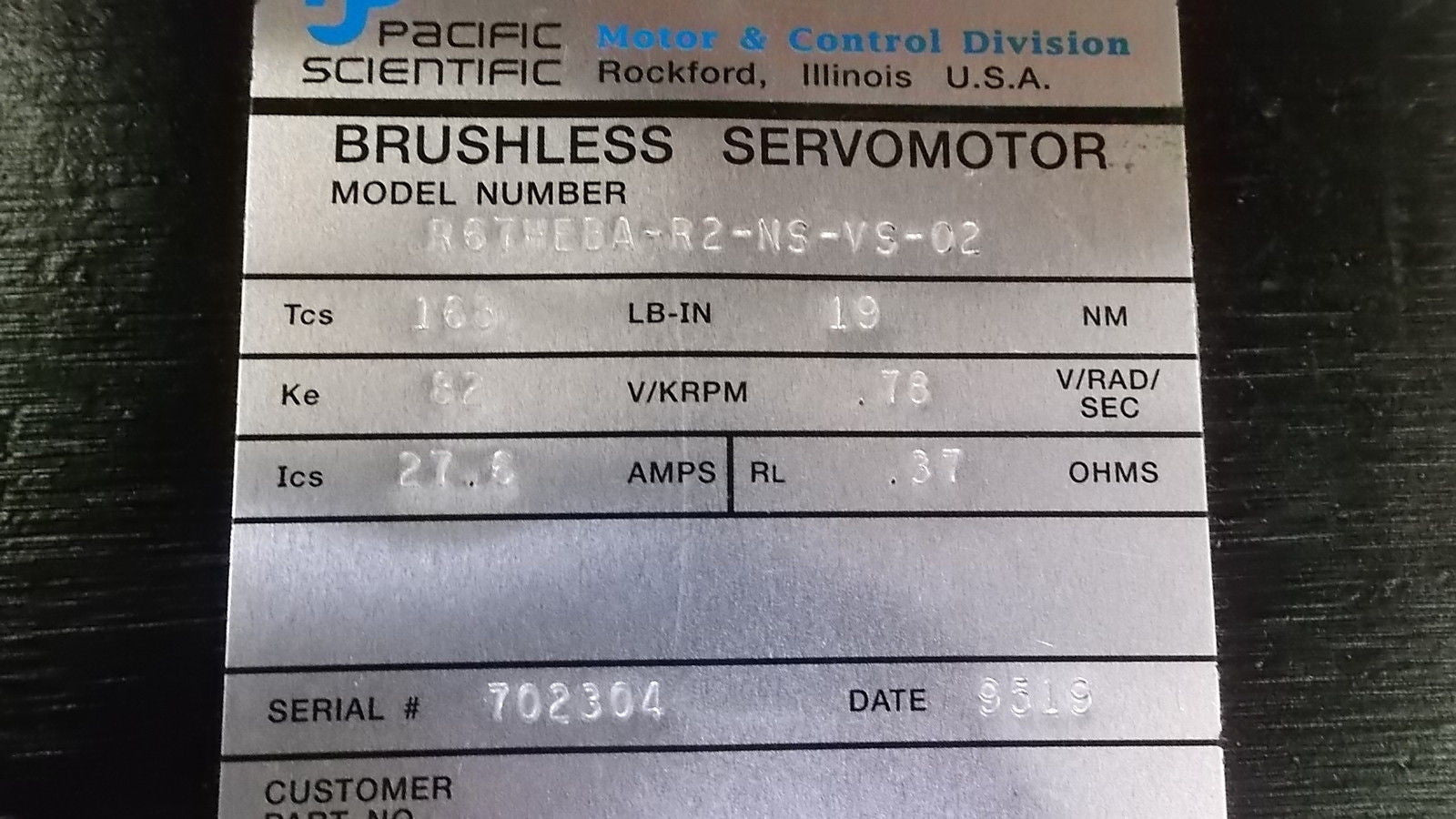 PACIFIC SCIENTIFIC R67HEBA-R2-NS-VS-02 SERVO MOTOR *USED*