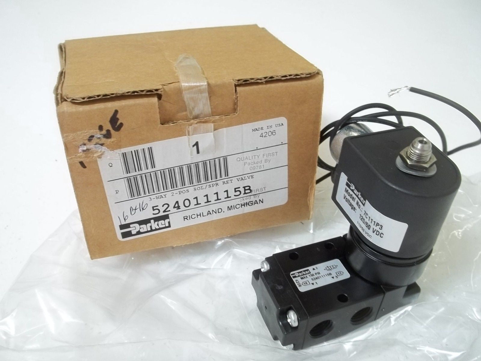PARKER 524011115B 3-WAY 2-POS SOL/SPR RET VALVE *USED*