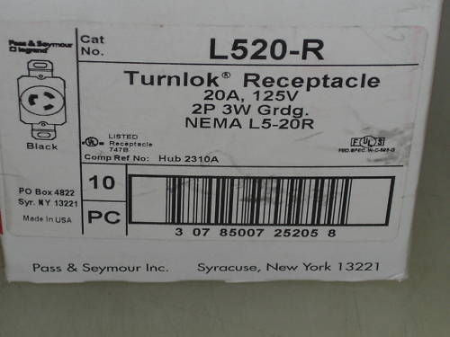 PASS & SEYMOUR 10 PC TURNLOK RECEPTACLE L520-R *NEW*