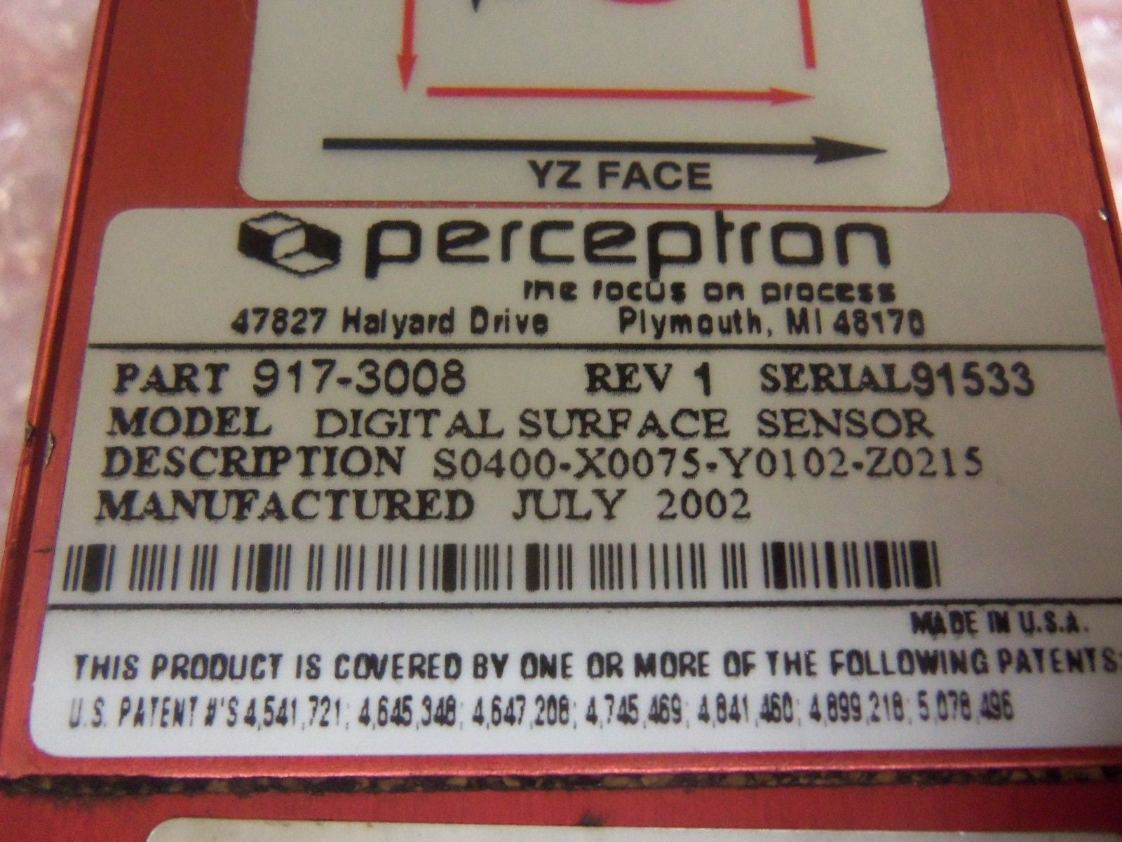 PERCEPTRON 917-3008 S0400-X0075-Y0102-Z0215 SURFACE SENSOR (REPAIRED) *USED*