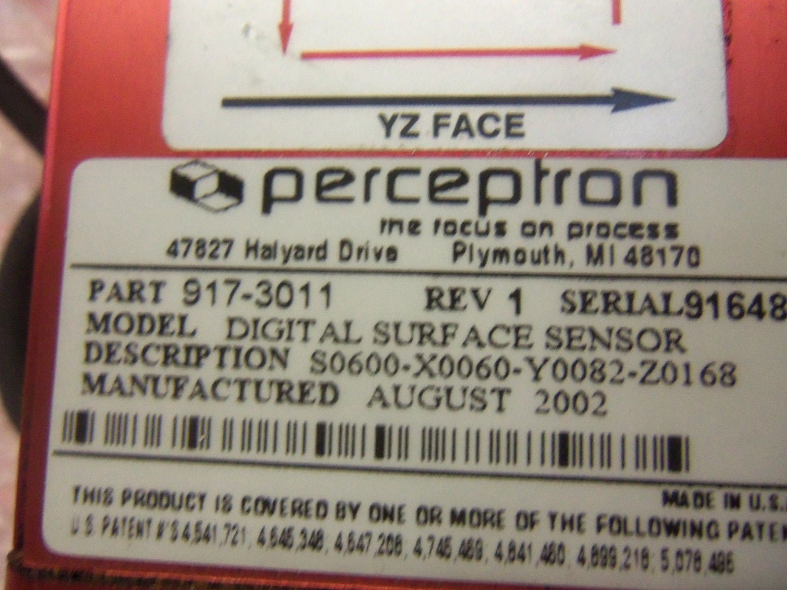 PERCEPTRON 917-3011 S0600-X0060-Y0082-Z0168 SURFACE SENSOR (REPAIRED) *USED*