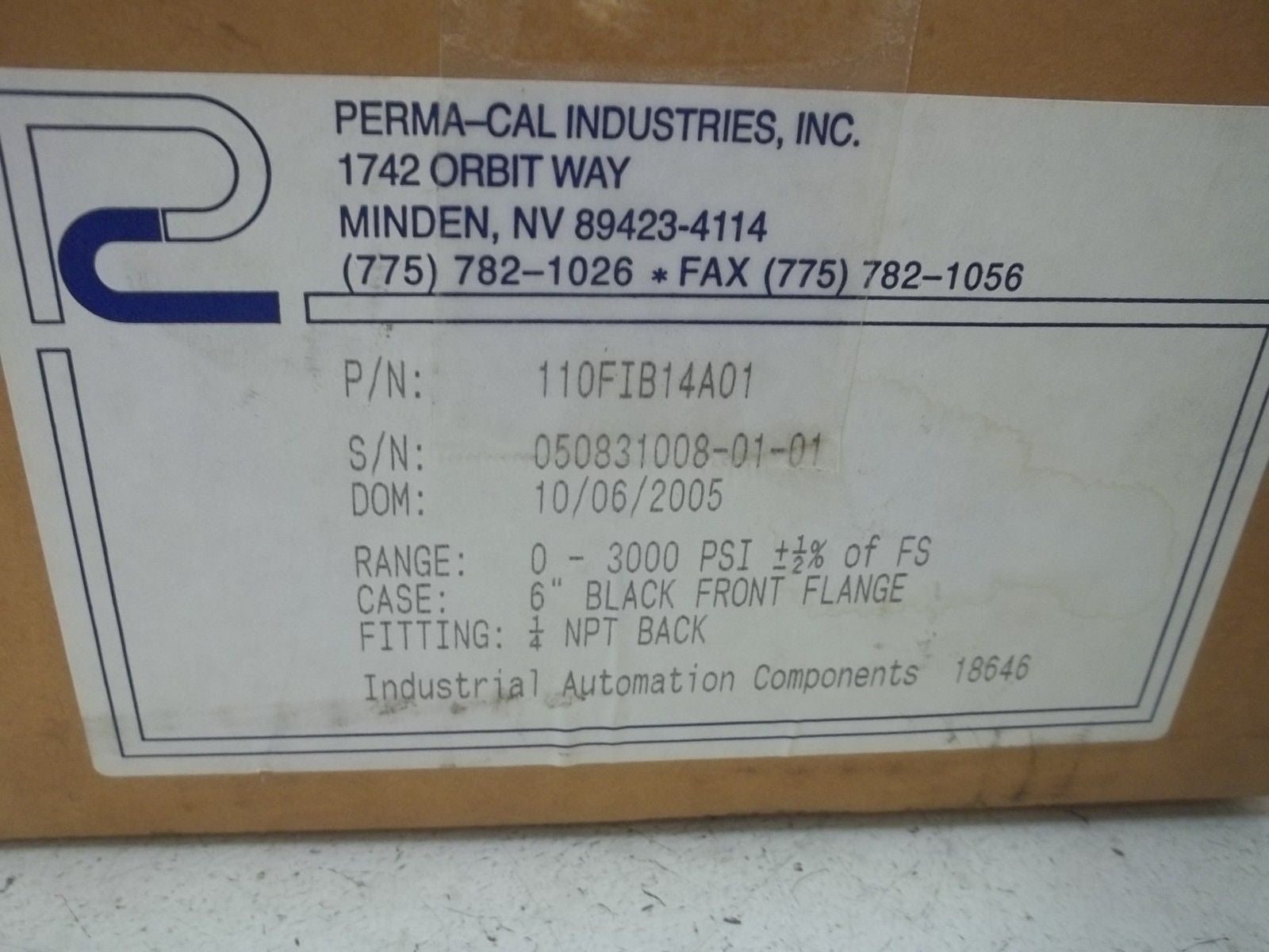 PERMA-CAL INDUSTRIES, INC. 110FIB14A01 GAUGE 0-3000 PSI *NEW IN BOX*