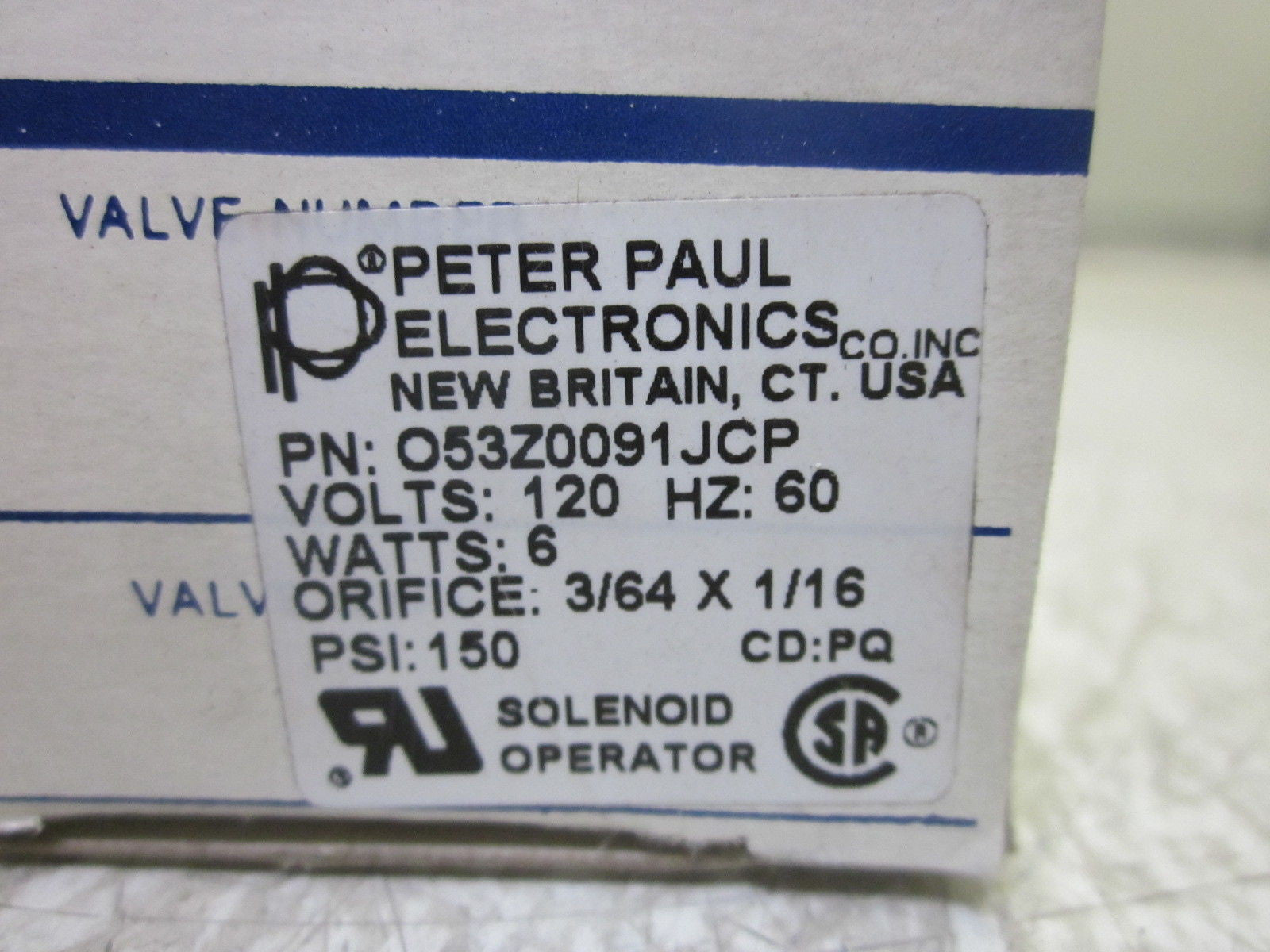 PETER PAUL O53Z0091JCP SOLENOID OPERATOR 120VAC 150PSI  *NEW IN BOX*