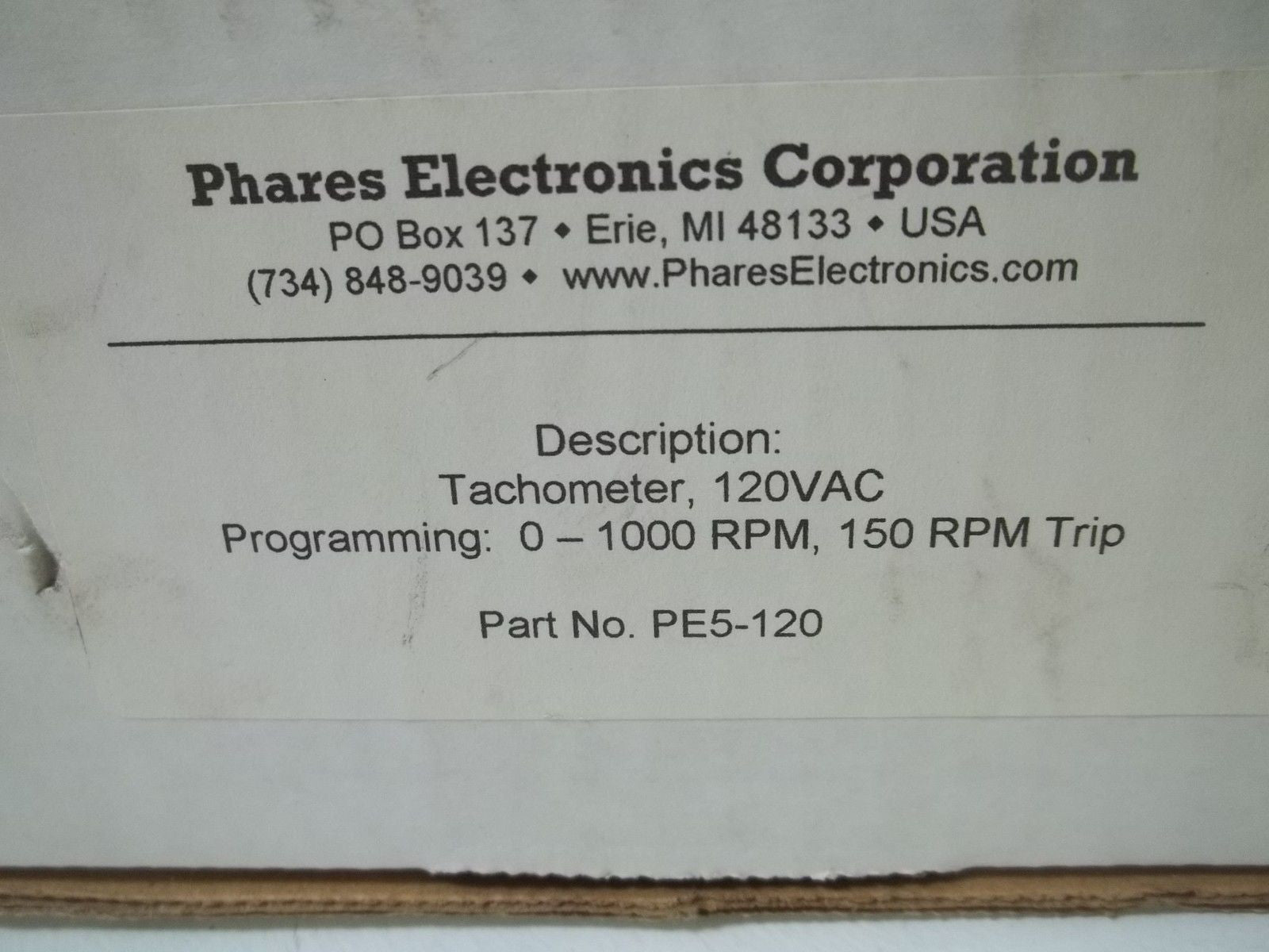 PHARES ELECTRONICS CORPORATION PE5-120 TACHOMETER, 120VAC *NEW IN BOX*