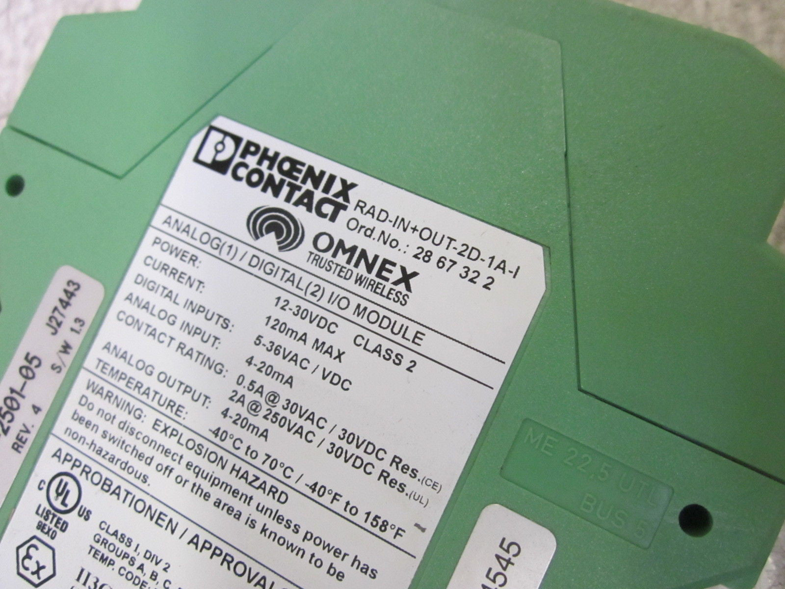 PHOENIX CONTACT RAD-IN+OUT-2D-1A-1 EXTENSION MODULE *USED*