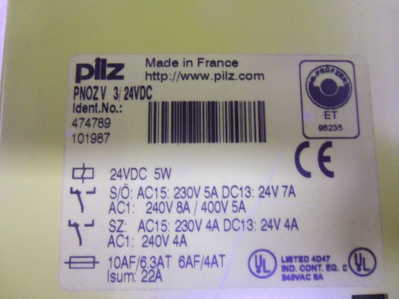 PILZ PNOZV 3/24VDC SAFETY RELAY *USED*