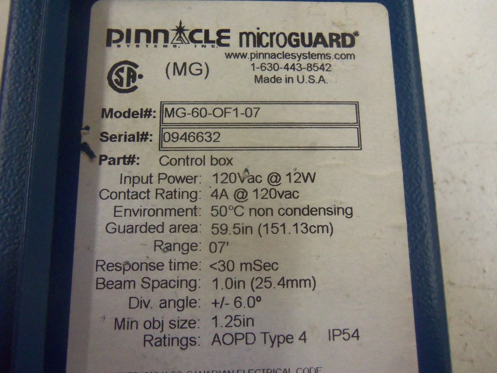 PINNACLE MICROGUARD MG-60-OF1-07 CONTROL BOX *USED*