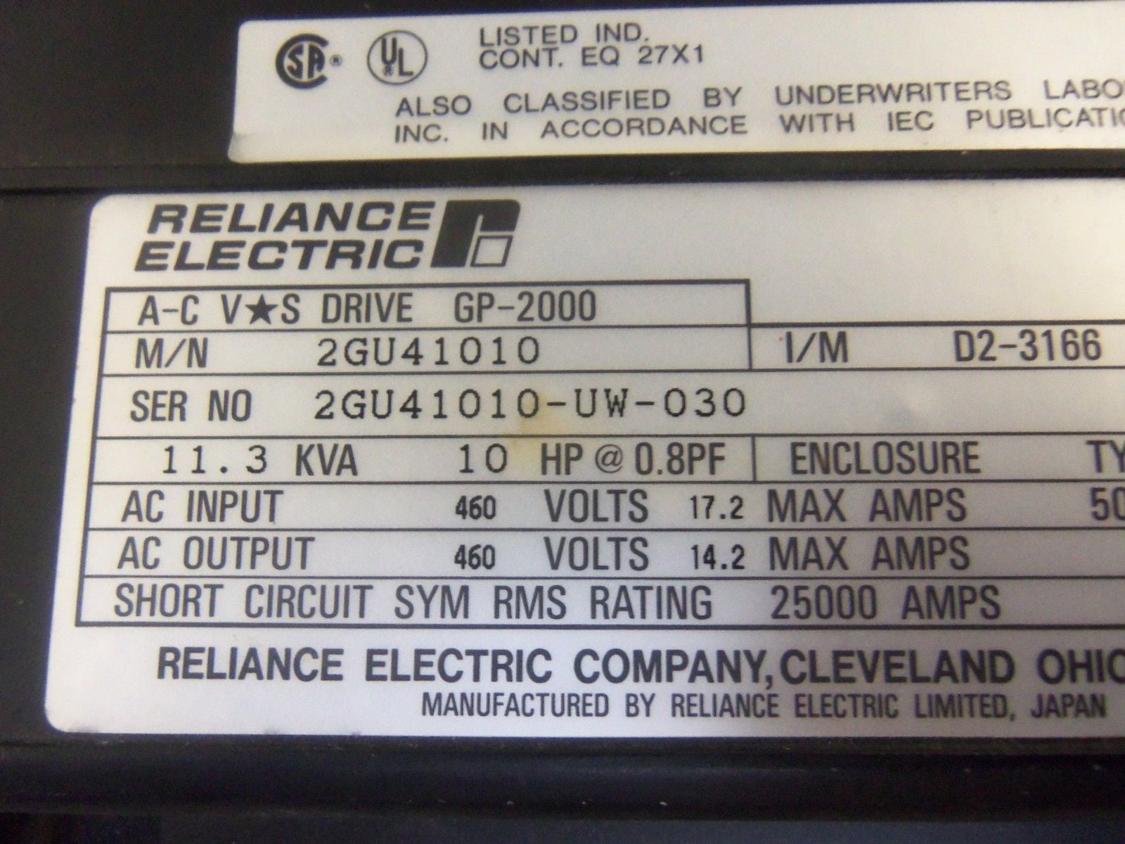 RELIANCE ELECTRIC A-C VS DRIVE GP-2000 2GU41010 AC DRIVE *USED*