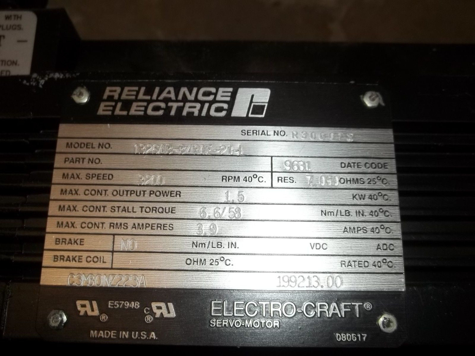 RELIANCE ELECTRIC 1326AB-B430E-21-L SERVO MOTOR 1.5 kW 3200 RPM *NEW NO BOX*