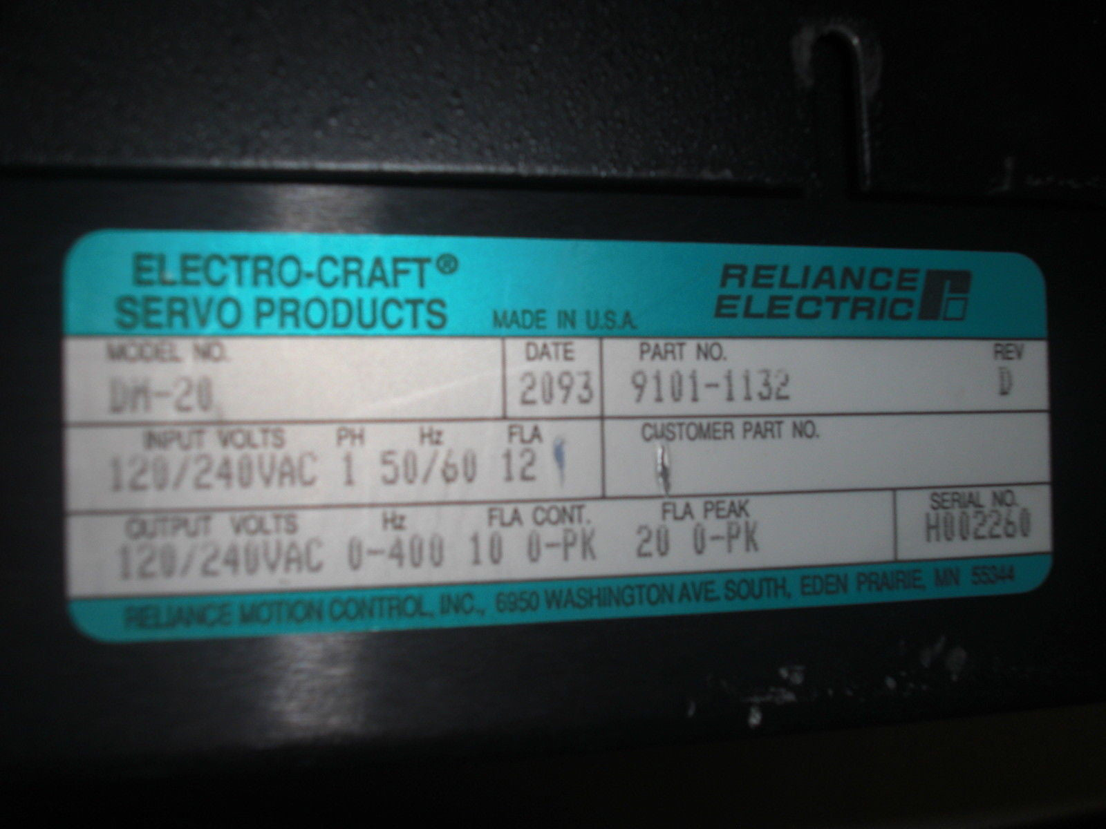 RELIANCE ELECTRO-CRAFT BRU-200 DM-20 9101-1132 SERVO DRIVE *USED*