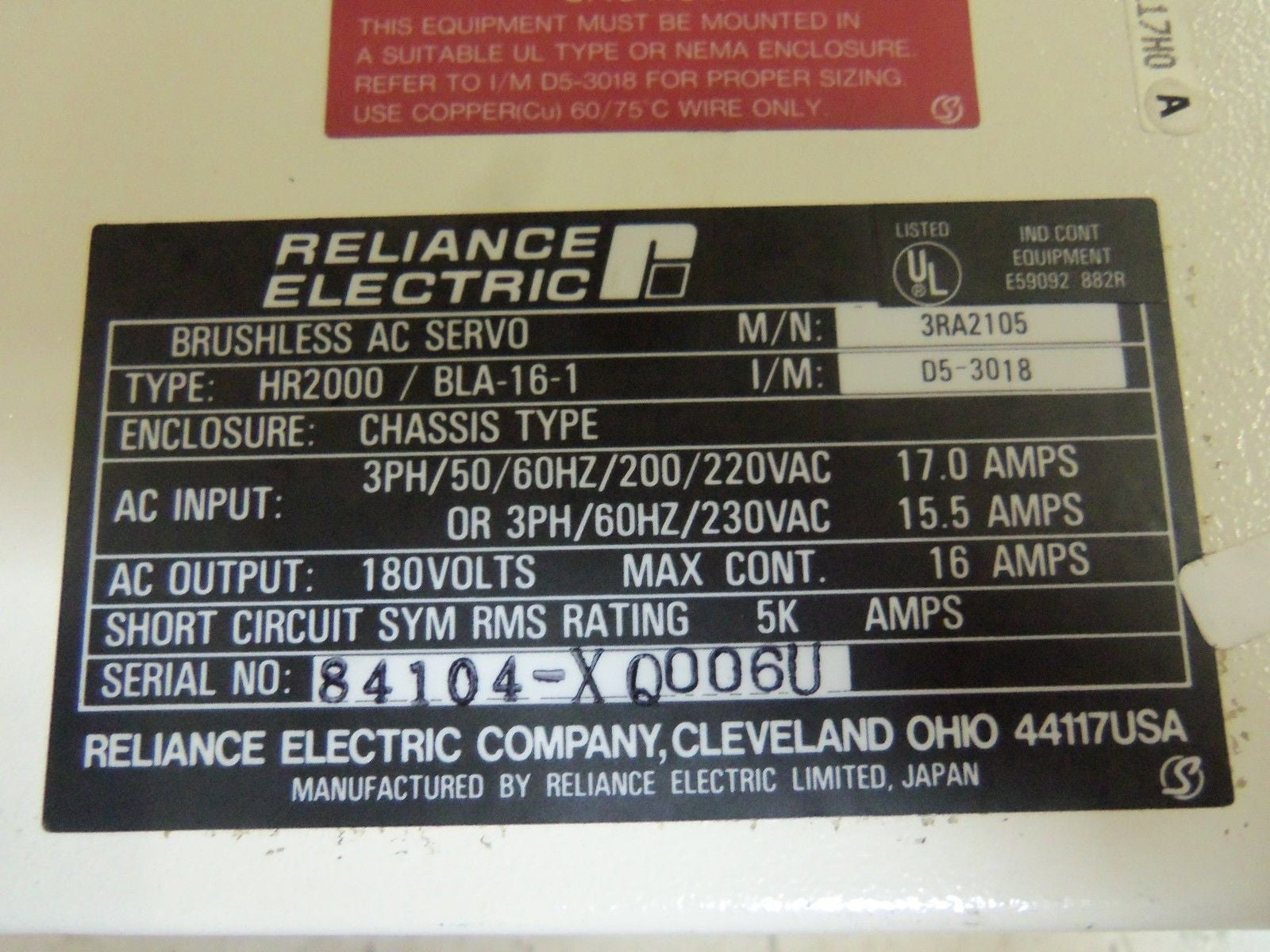 RELIANCE HR2000/BLA-16-1 SERVO DRIVE *USED*