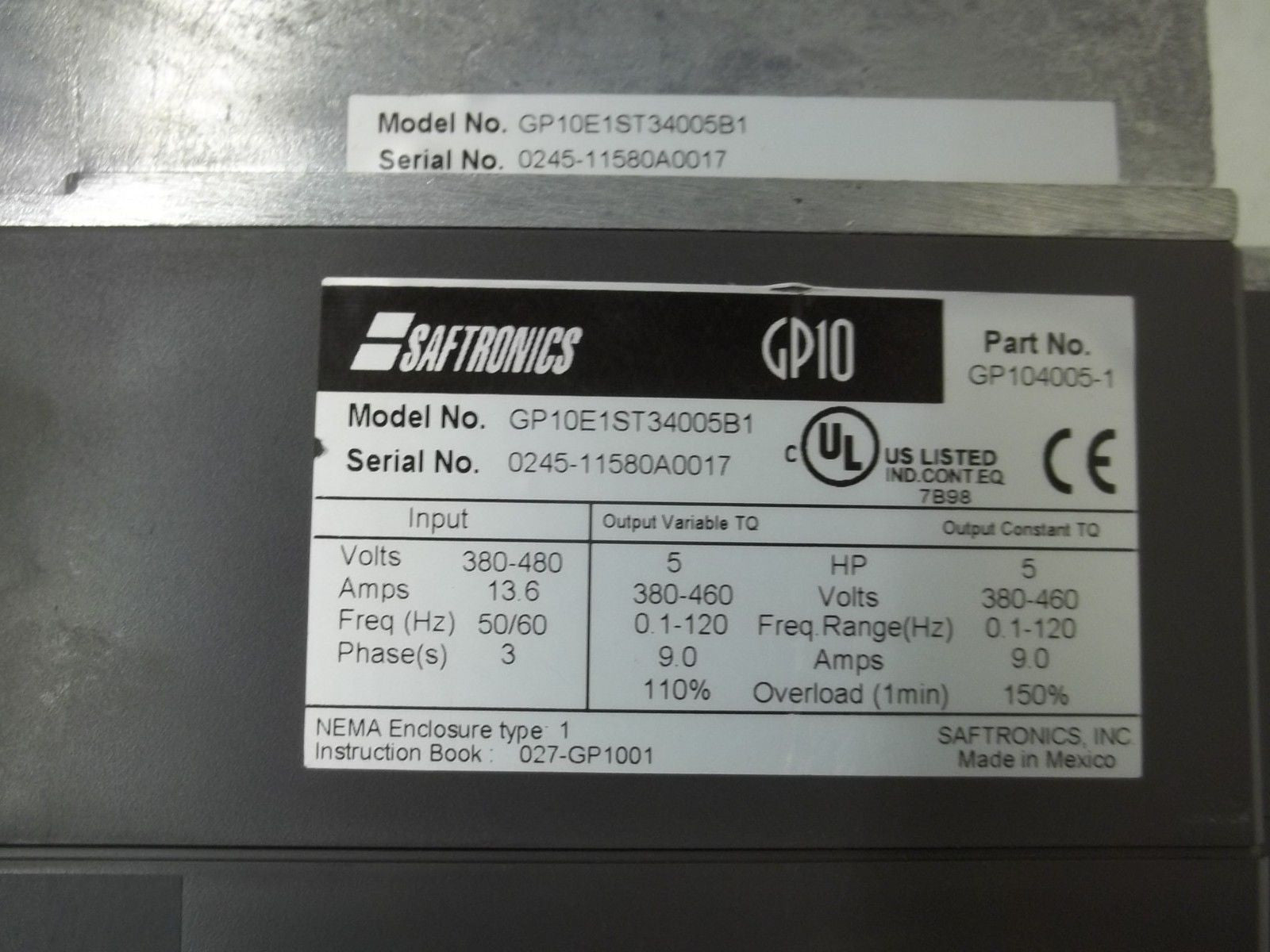 SAFTRONICS GP10E1ST34005B1 AC DRIVE *USED*