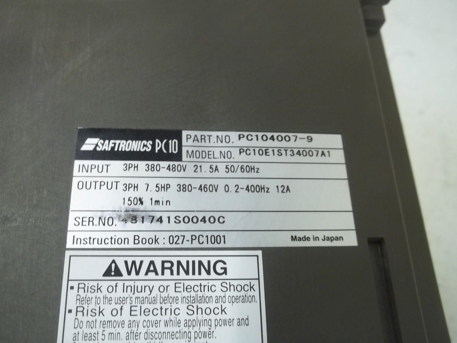 SAFTRONICS PC10E1ST34007A1 AC DRIVE *USED*