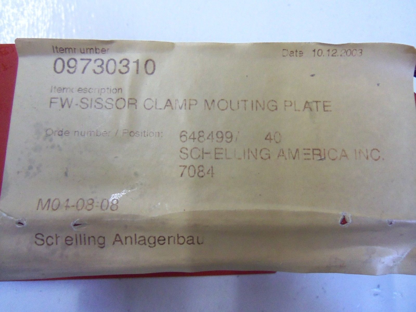 SCHELLING AMERICA CO. M04-08-08 *USED*