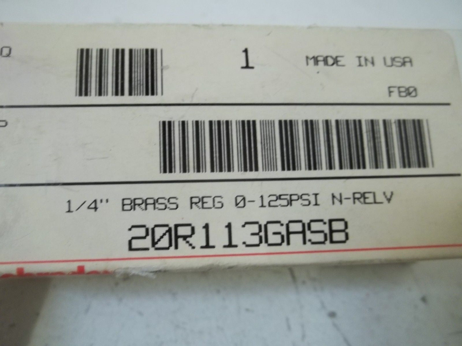 SCHRADER BELLOWS 20R113GASB 1/4" BRASS REG 0-125PSI N-RELV *NEW IN BOX*