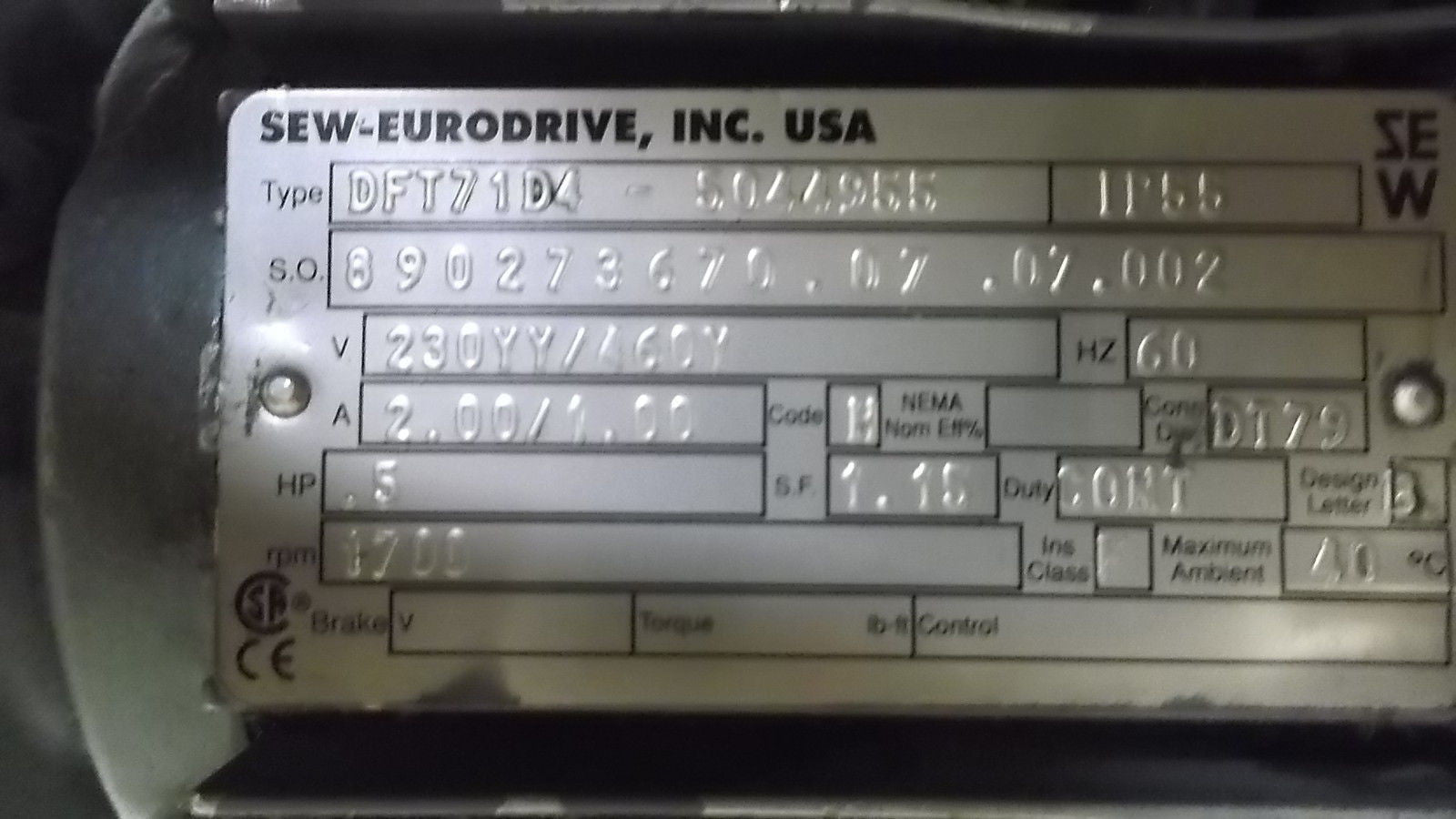 SEW-EURODRIVE S37DT71D4-5044955 MOTOR w/ DFT71D4-5044955 *USED*