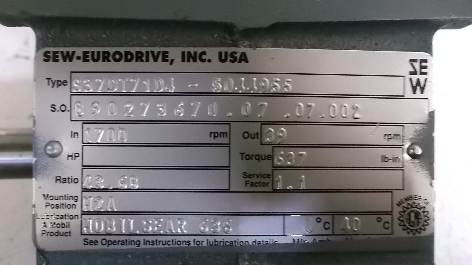 SEW-EURODRIVE S37DT71D4-5044955 MOTOR w/ DFT71D4-5044955 *USED*