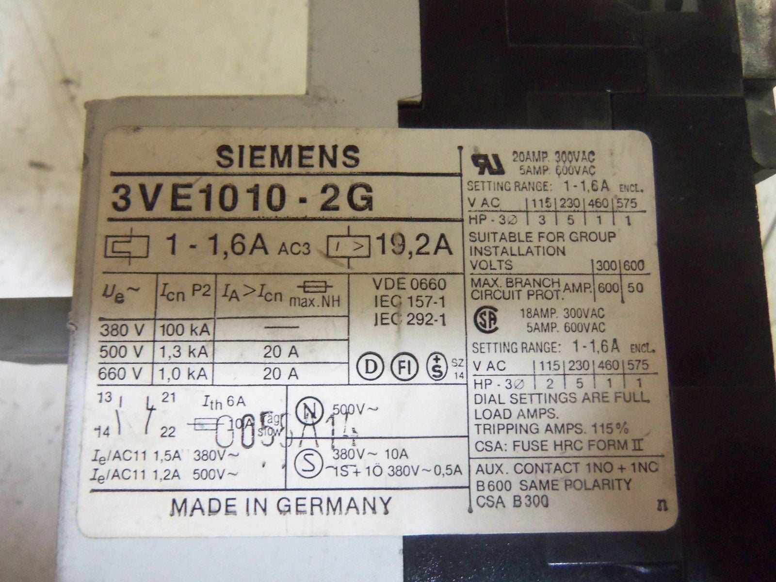 SIEMENS 3VE1010-2G STARTER PROTECTOR *USED*