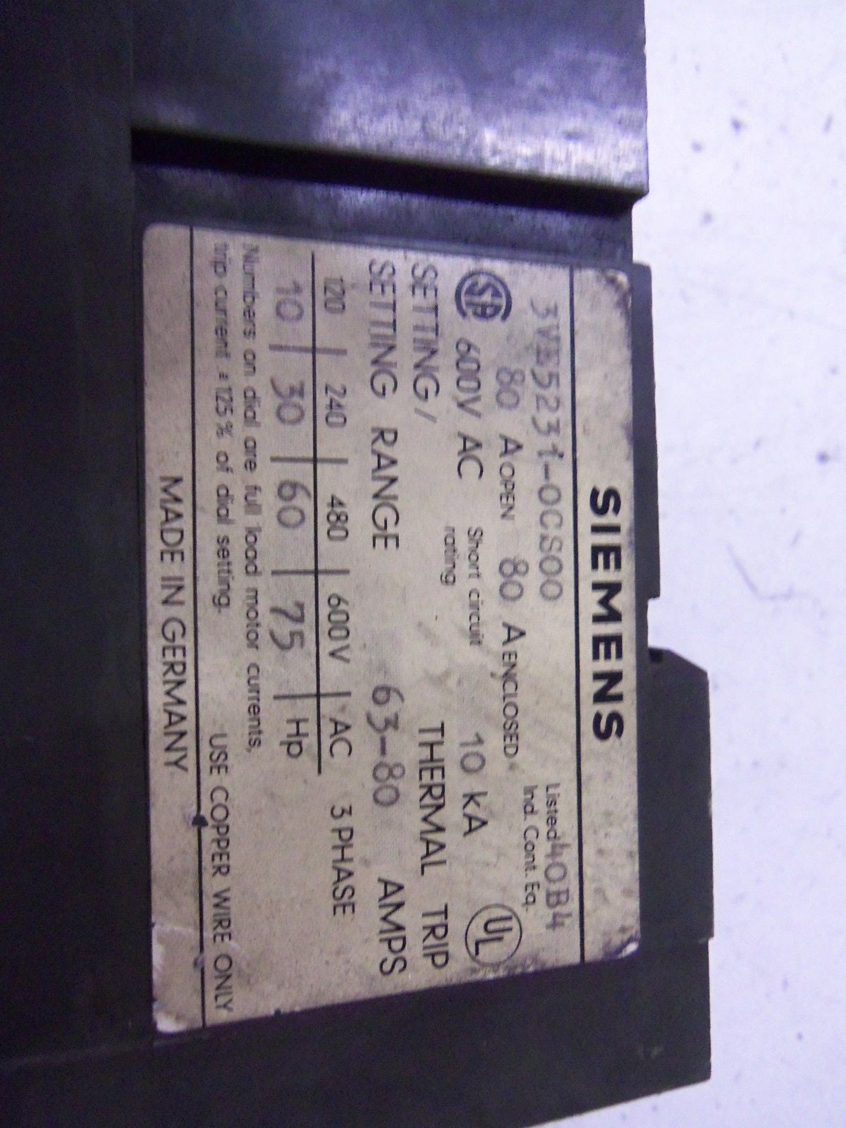 SIEMENS 3VE5231-0C500 CIRCUIT BREAKER *USED*