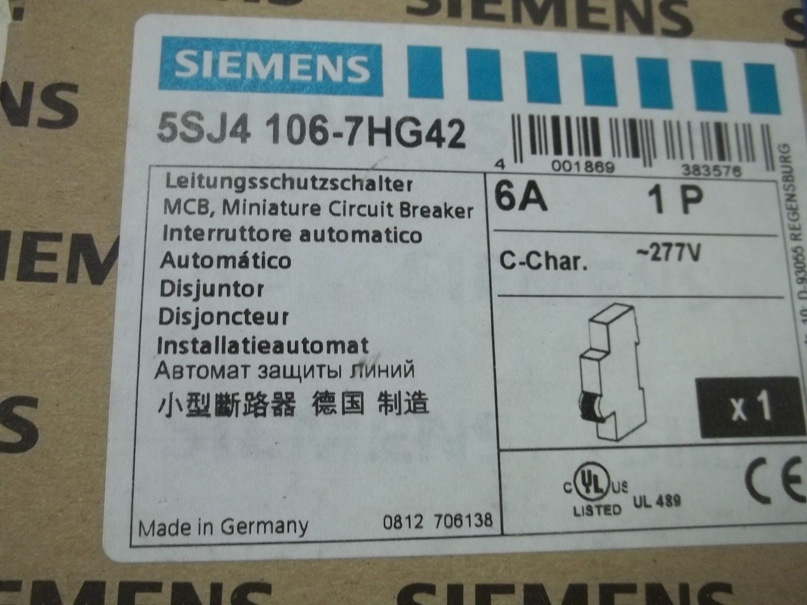 SIEMENS 5SJ4106-7HG42 MINIATURE CIRCUIT BREAKER *NEW IN BOX*