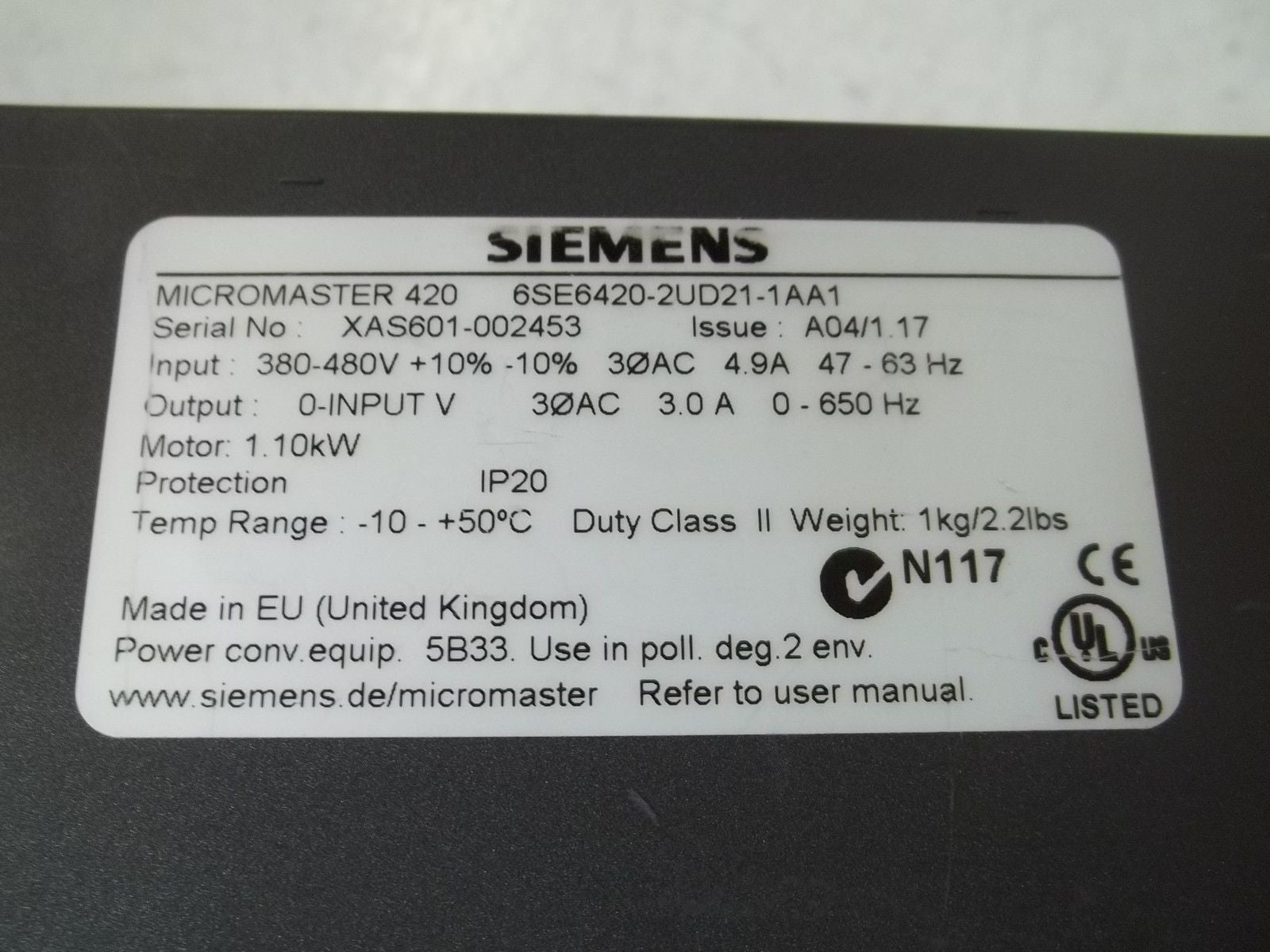 SIEMENS 6ES6420-2UD21-1AA1 MICROMASTER 420 *USED*