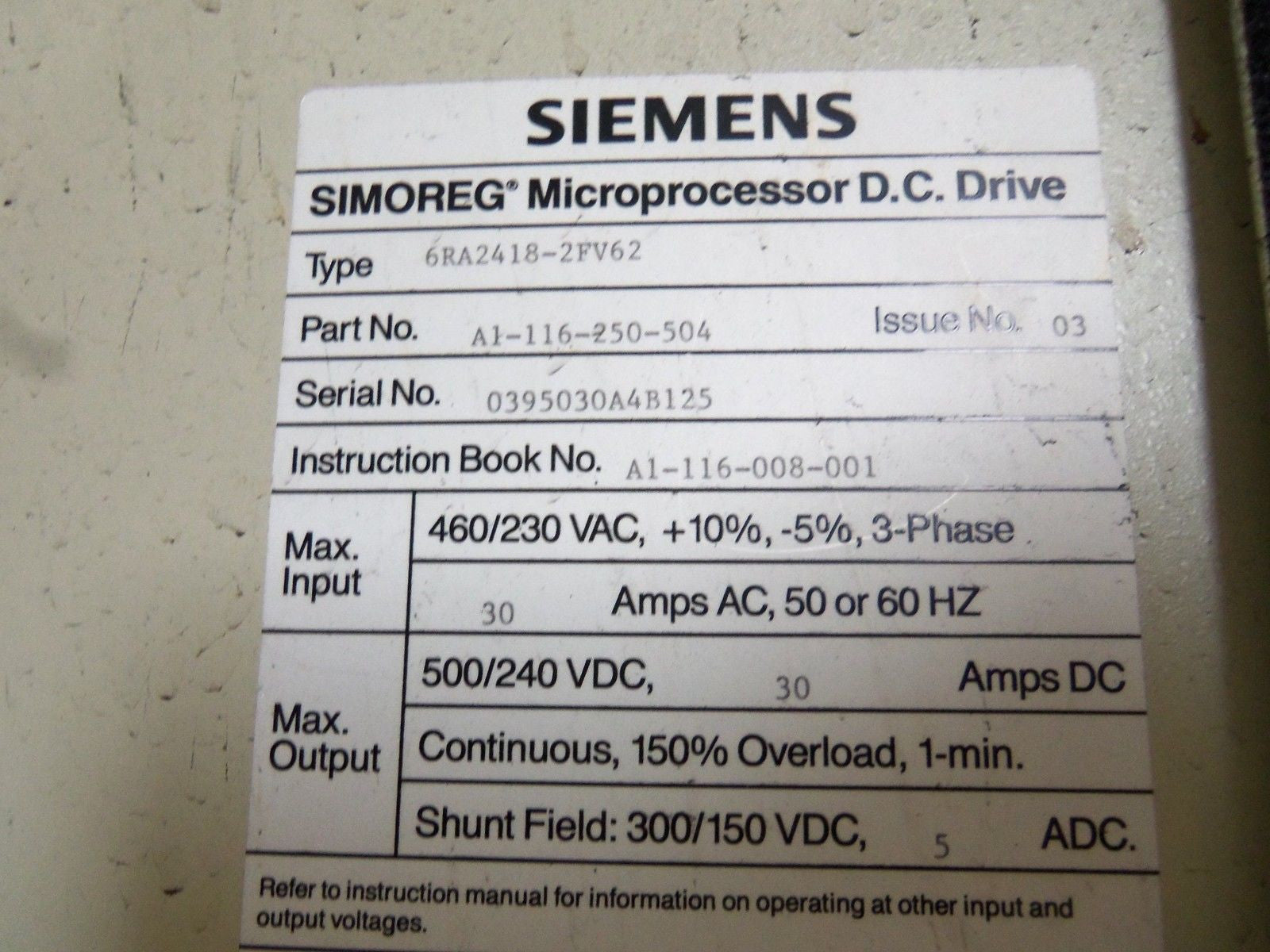 SIEMENS 6RA2418-2FV62 DRIVE 30AMPS *USED*