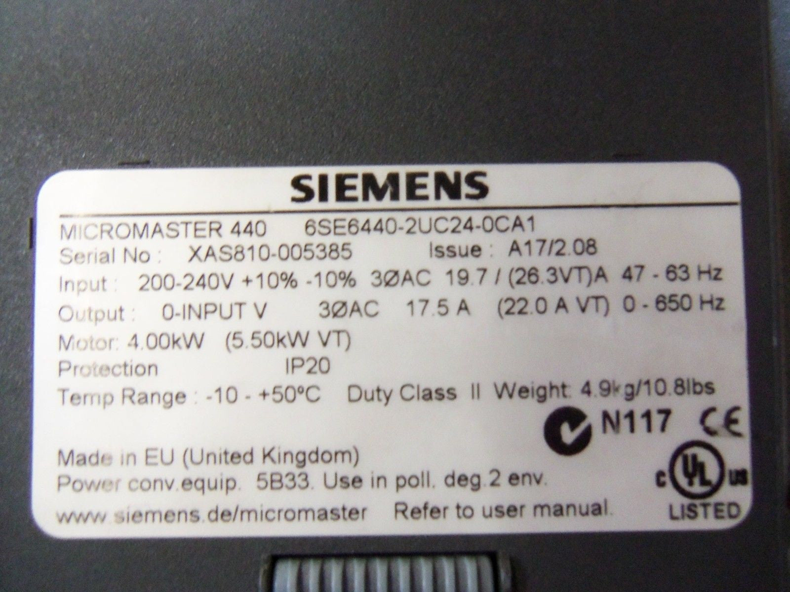 SIEMENS MICROMASTER 440 6SE6440-2UC24-0CA1 AC DRIVE *USED*