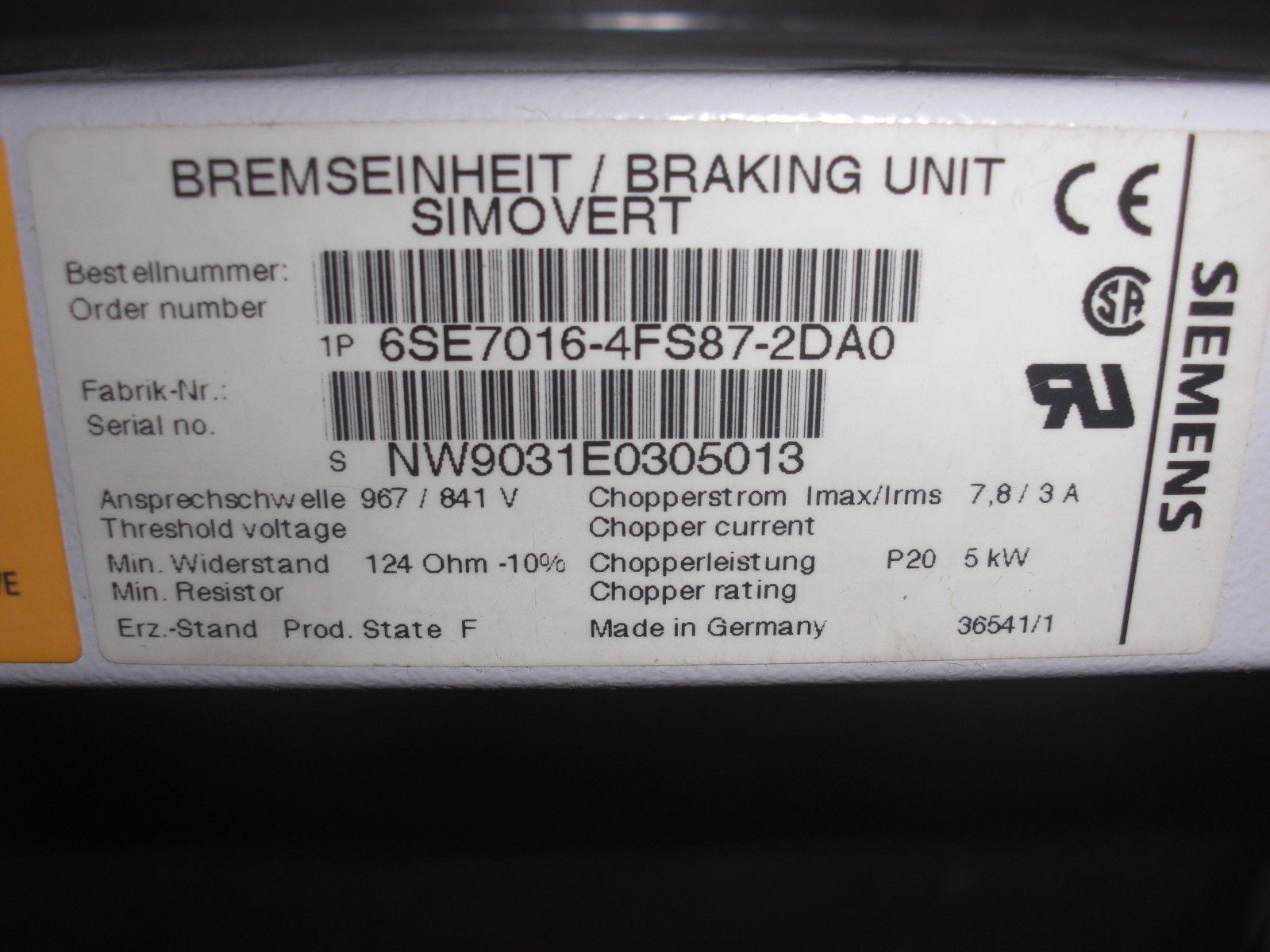 SIEMENS 6SE7016-4FS87-2DA0 BRAKING UNIT *NEW NO BOX*
