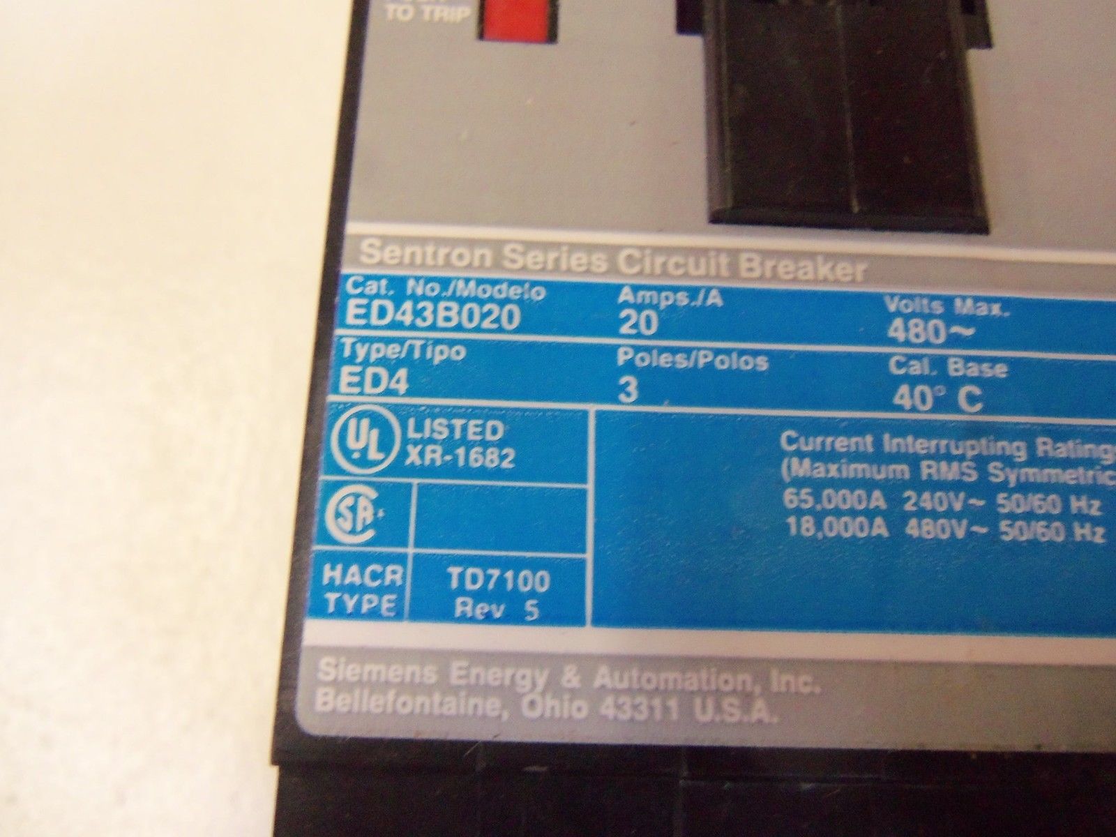 SIEMENS CIRCUIT BREAKER ED43B020 *NEW NO BOX*