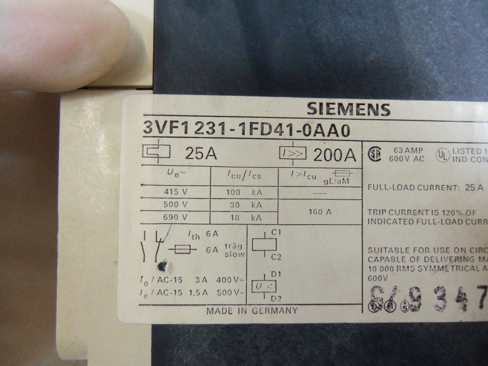 SIEMENS CIRCUIT BREAKER 3VF1231-1FD41-0AA0 *USED*