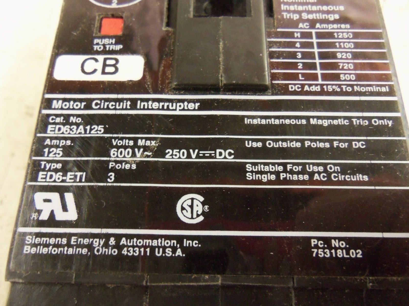 SIEMENS ED63A125 CIRCUIT BREAKER *NEW IN BOX*