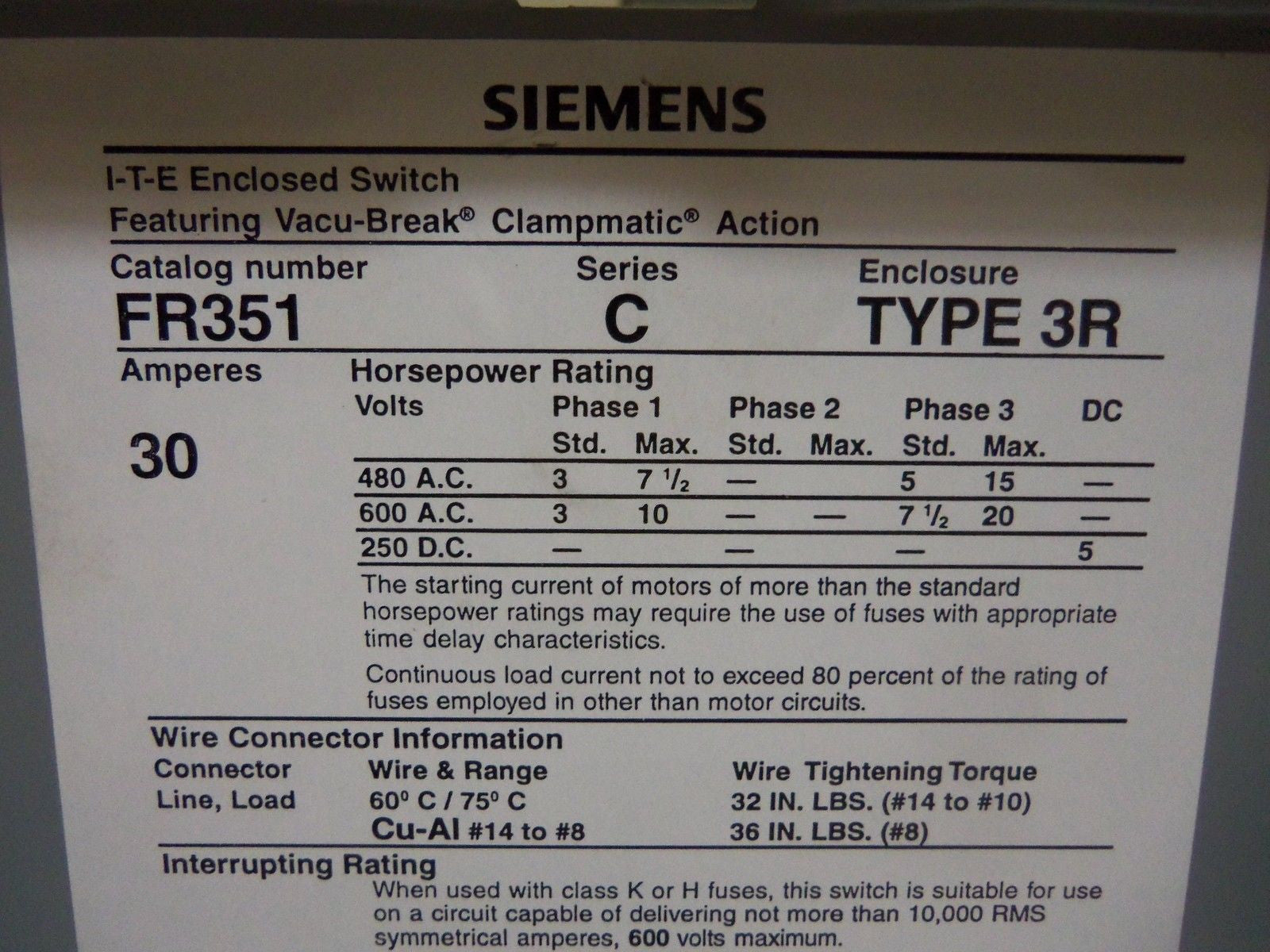 SIEMENS FR351 SAFETY SWITCH *NEW NO BOX*