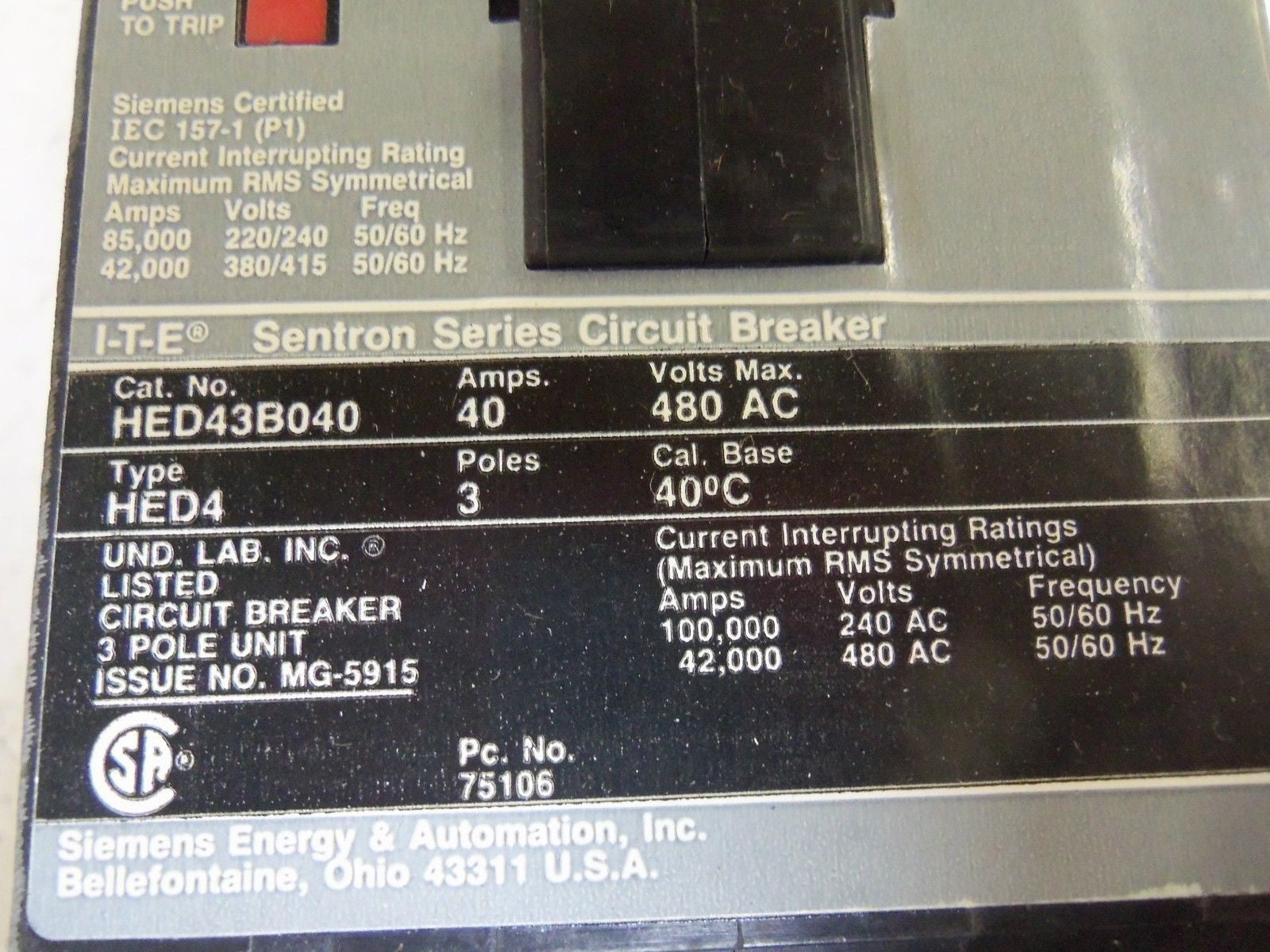 SIEMENS HED43B040 CIRCUIT BREAKER *NEW IN BOX*