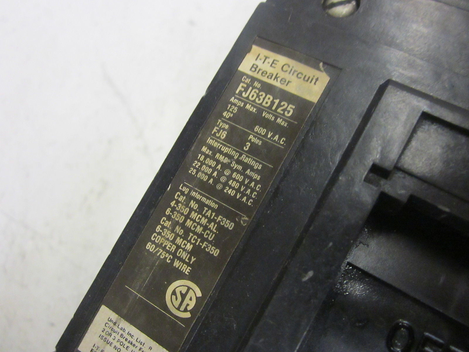 SIEMENS ITE FJ63B125 CIRCUIT BREAKER 125A 600V  *USED*