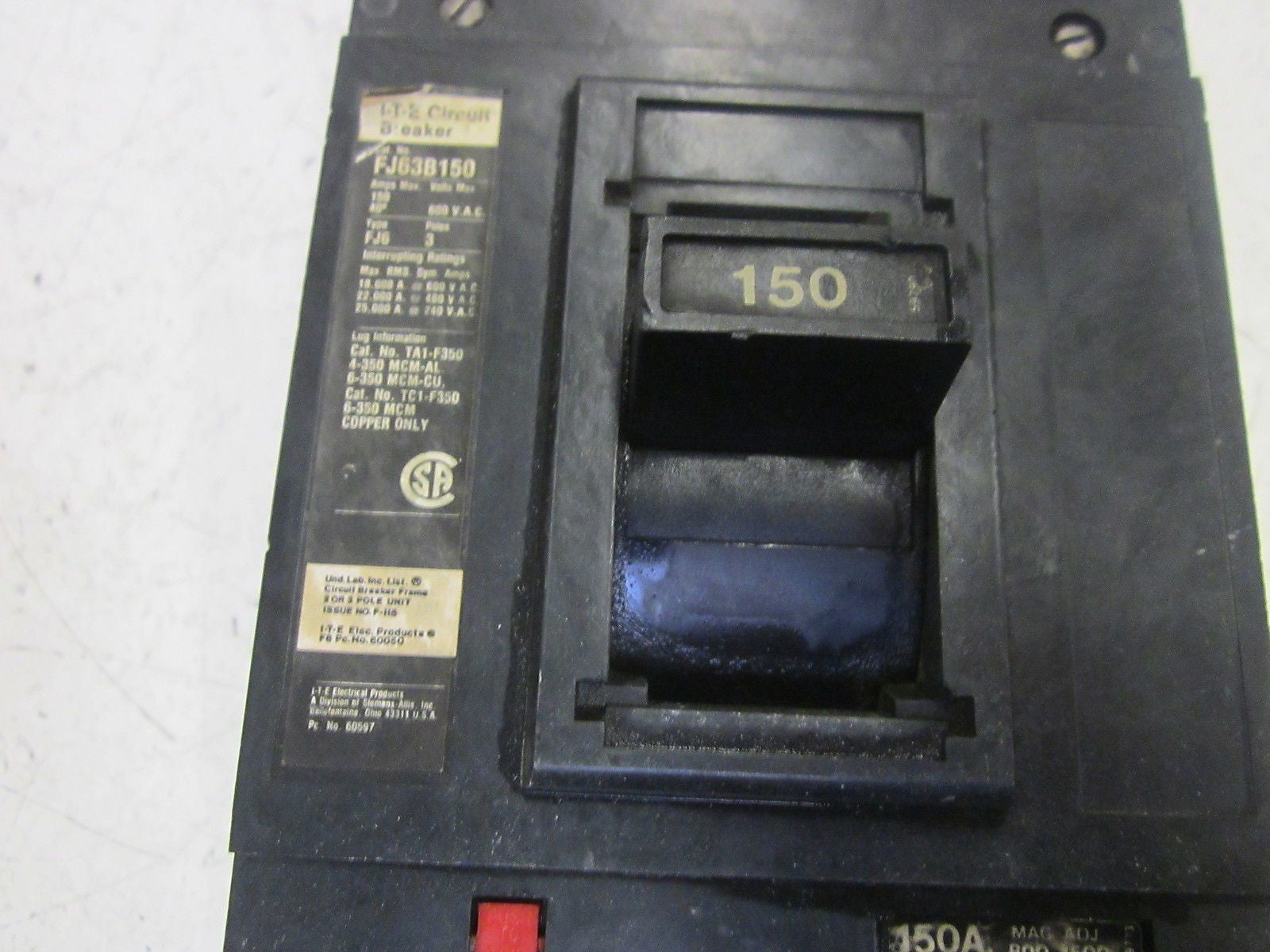 SIEMENS ITE FJ63B150 CIRCUIT BREAKER 150A 600V *USED*