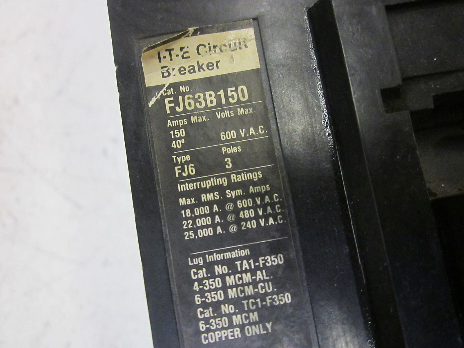 SIEMENS ITE FJ63B150 CIRCUIT BREAKER 150A 600V *USED*