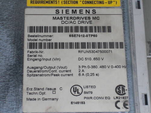 SIEMENS MASTER DRIVES DC/AC DRIVE 6SE7-012-0TP50 *USED*