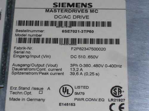 SIEMENS MASTER DRIVES DC/AC DRIVE 6SE7-021-3TP50 *NEW*