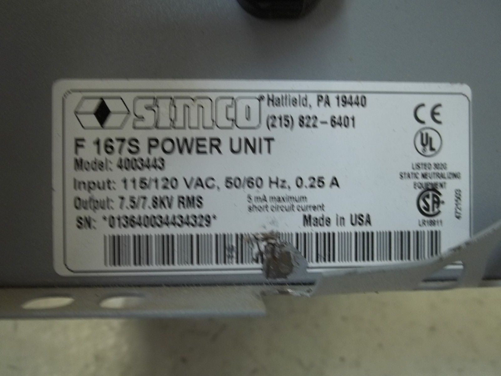SIMCO 4003443 POWER SUPPLY  (AS PICTURED) MOUNTING BENT*AS IS *