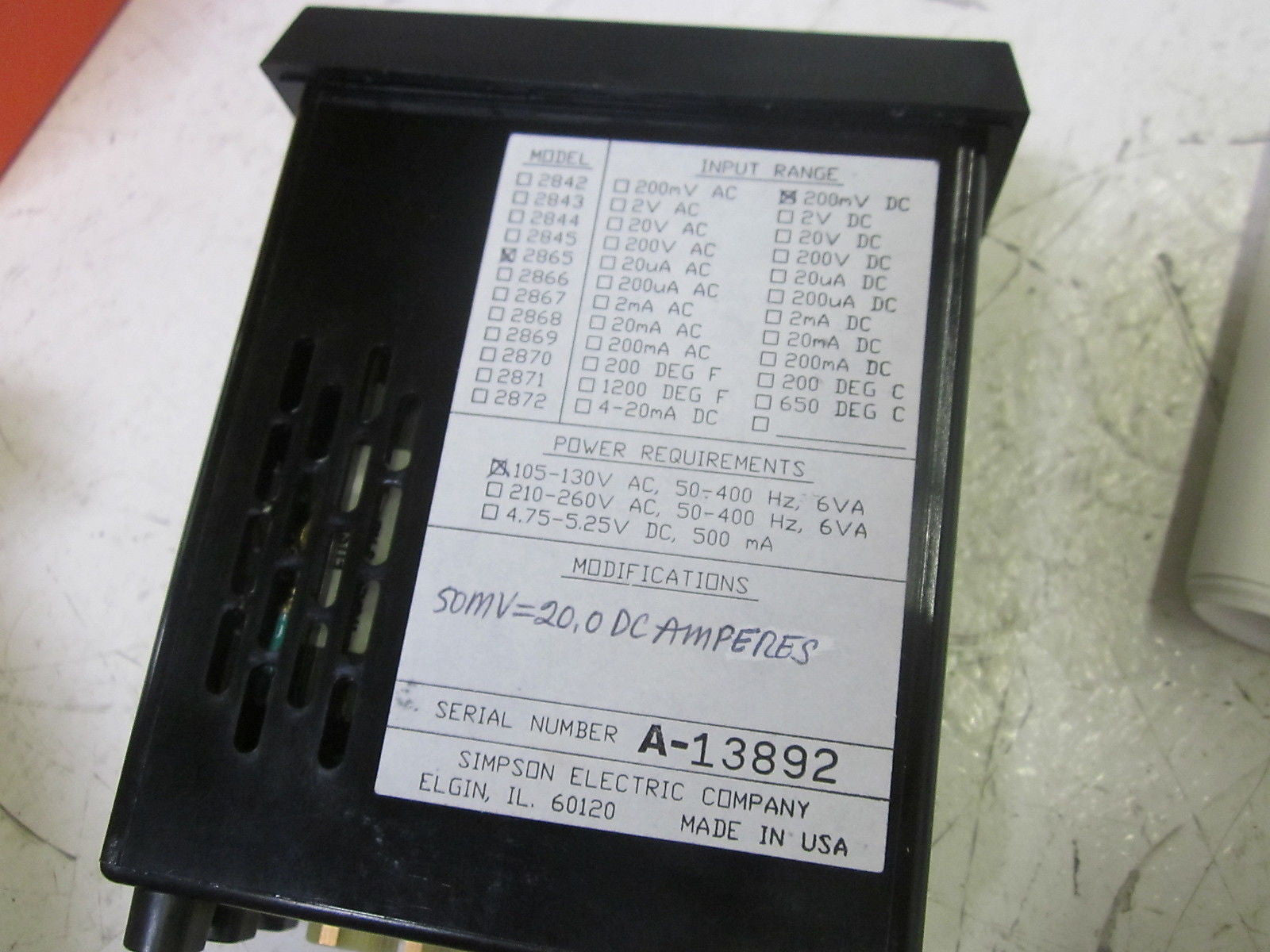 SIMPSON 2865 DIGITAL PANEL MOUNT 0.0-20.0ADC 105-130V *NEW IN BOX*