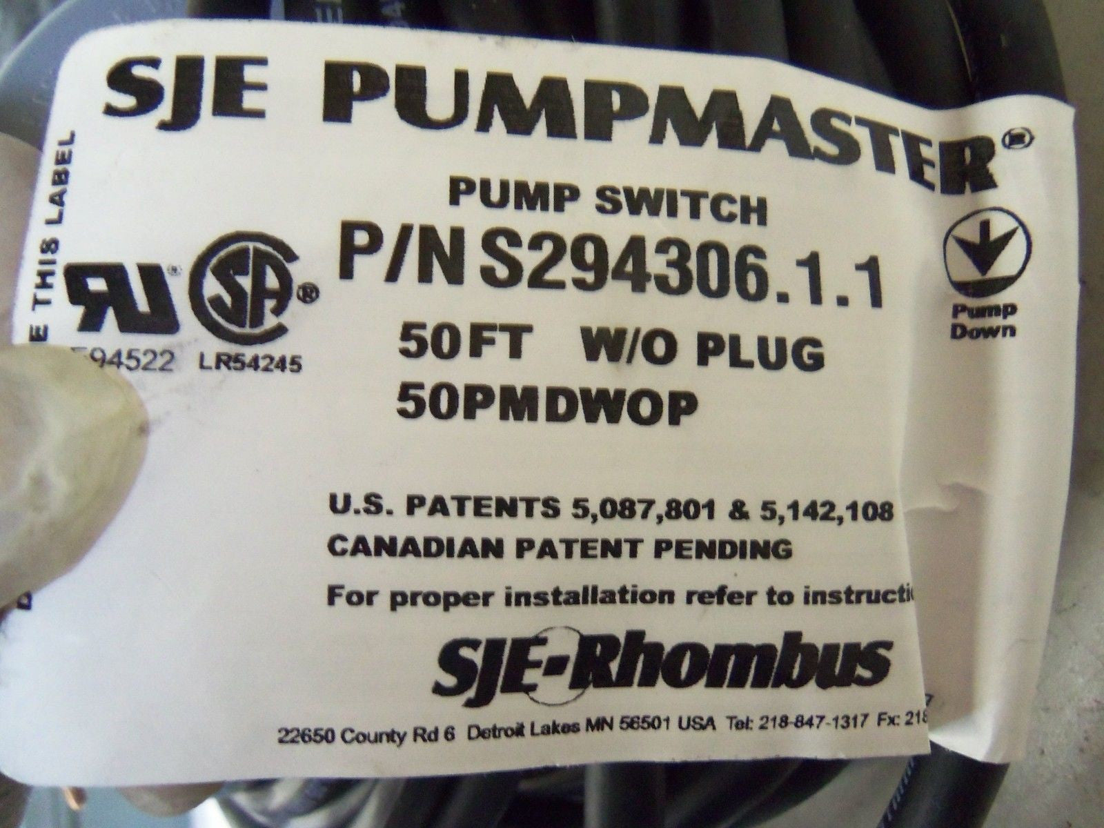 SJE PUMPMASTER S294306.1.1 *NEW NO BOX*