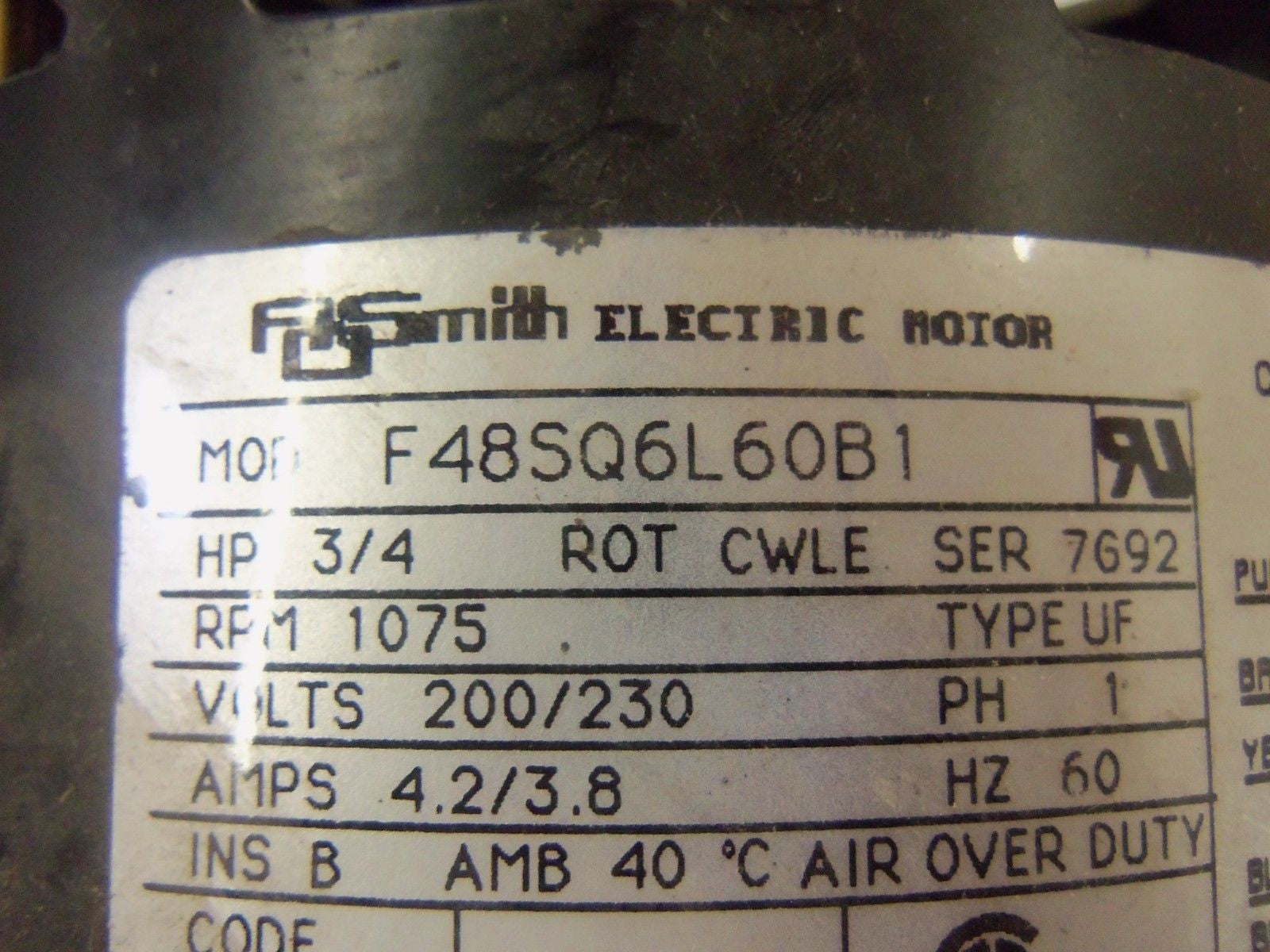 A.O. SMITH F48SQ6L60B1 ELECTRIC MOTOR 3/4 HP 1075 RPM *NEW NO BOX*
