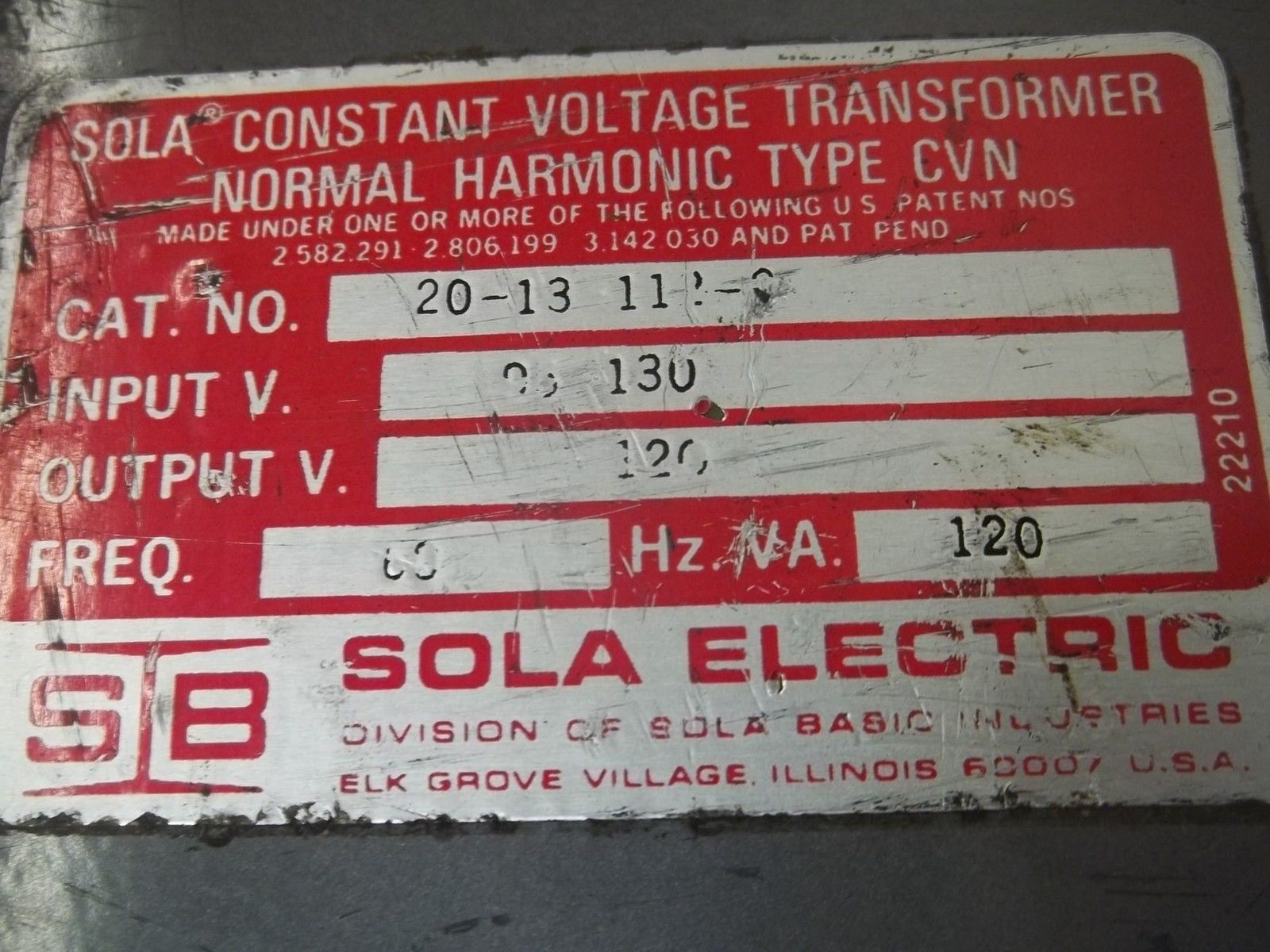 SOLA ELECTRIC 20-13-112-2 TRANSFORMER *USED*
