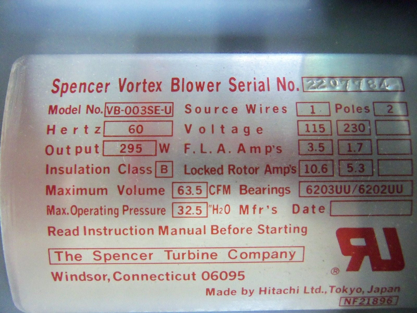 SPENCER VB-003SE-U BLOWER *NEW IN BOX*